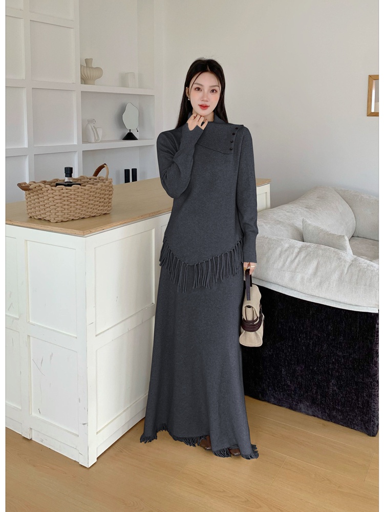 Tassels irregular sweater high waist tops a set for women