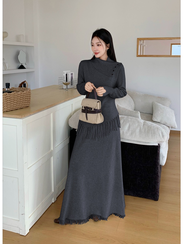 Tassels irregular sweater high waist tops a set for women