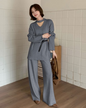 Casual halter sweater retro wide leg pants a set for women