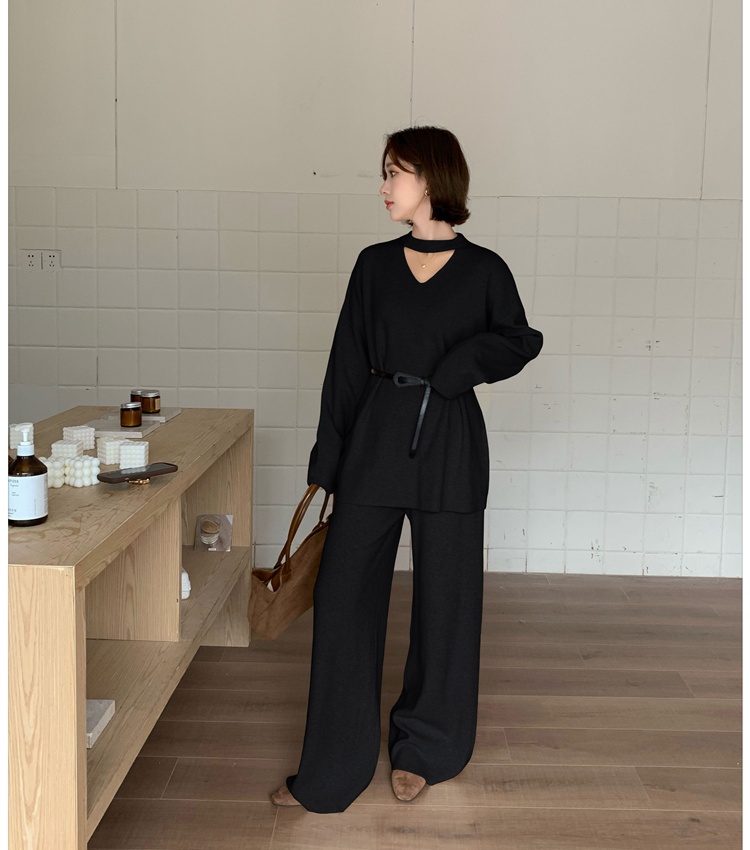 Casual halter sweater retro wide leg pants a set for women