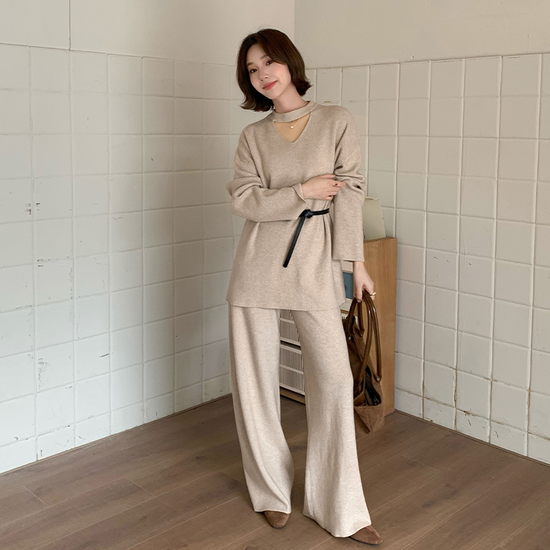 Casual halter sweater retro wide leg pants a set for women