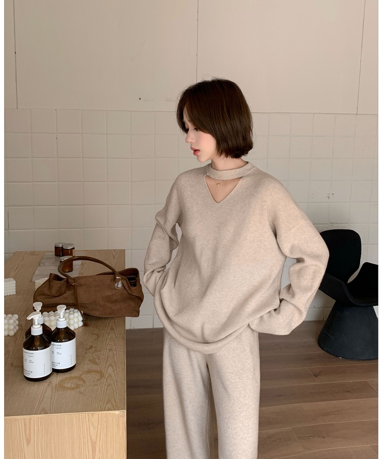 Casual halter sweater retro wide leg pants a set for women