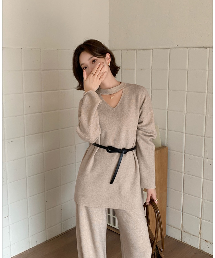Casual halter sweater retro wide leg pants a set for women