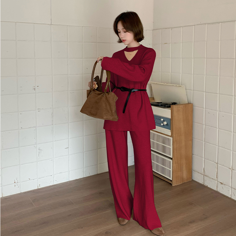 Casual halter sweater retro wide leg pants a set for women