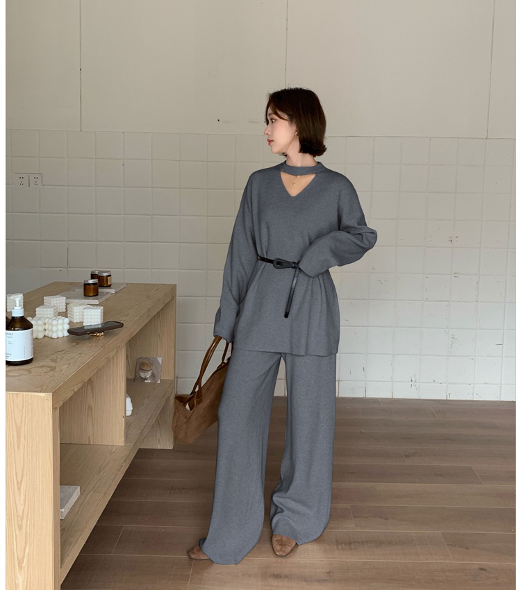 Casual halter sweater retro wide leg pants a set for women