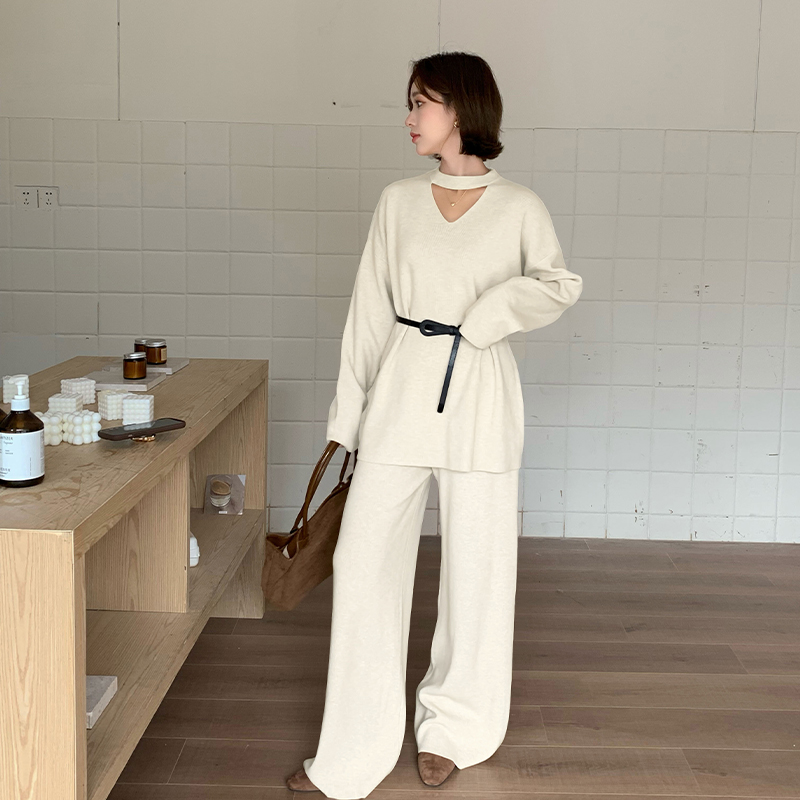 Casual halter sweater retro wide leg pants a set for women