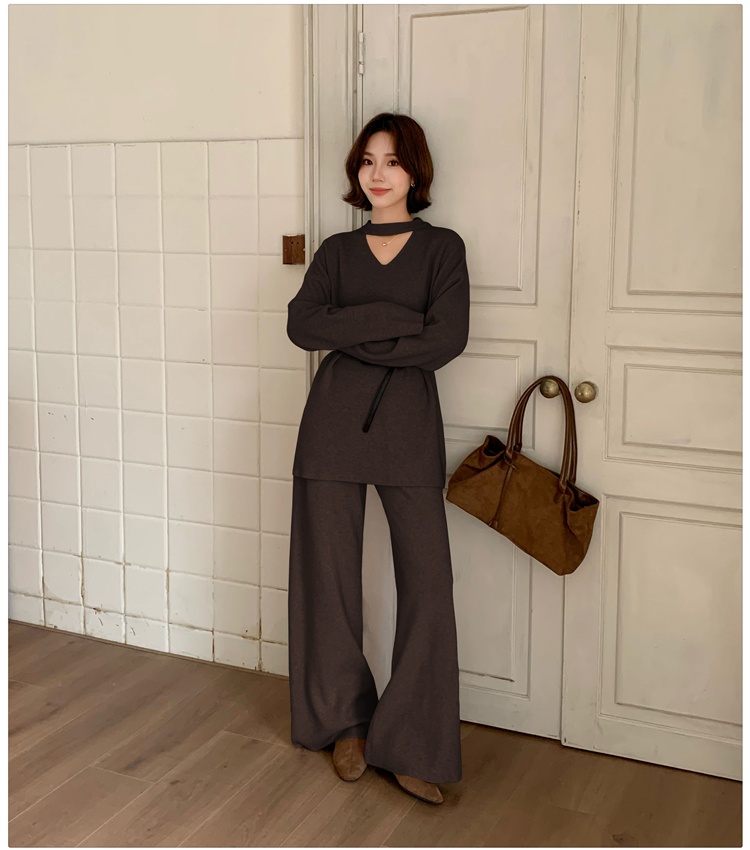 Casual halter sweater retro wide leg pants a set for women