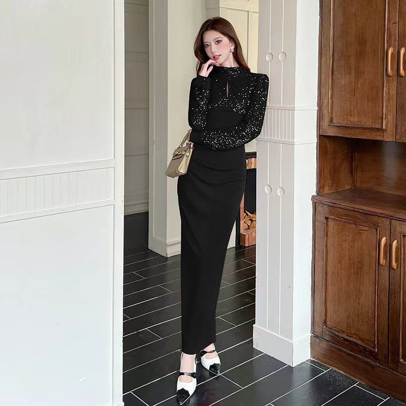 Splice package hip long dress autumn sequins dress