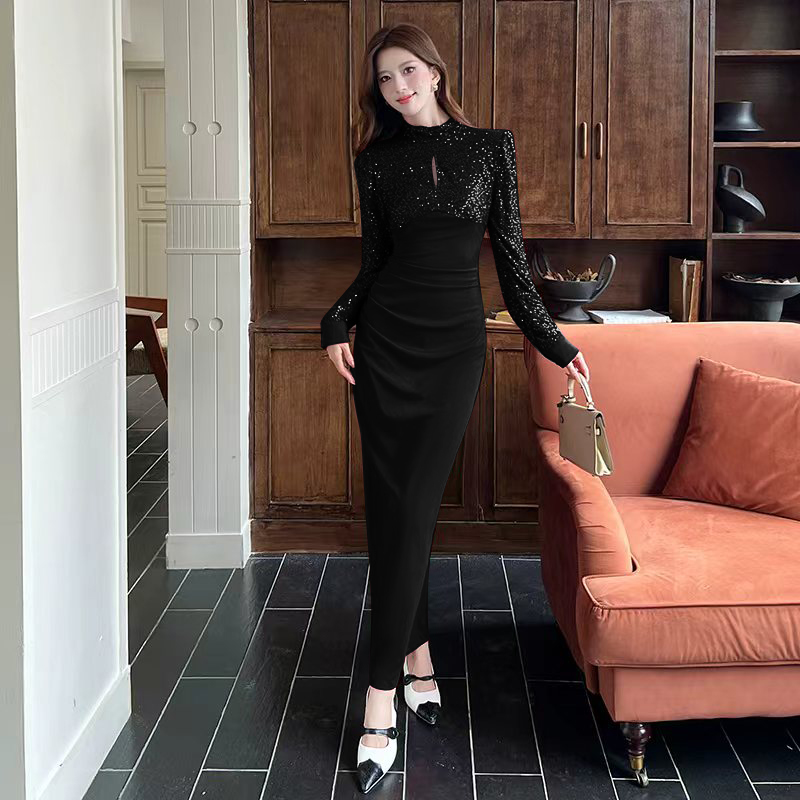 Splice package hip long dress autumn sequins dress