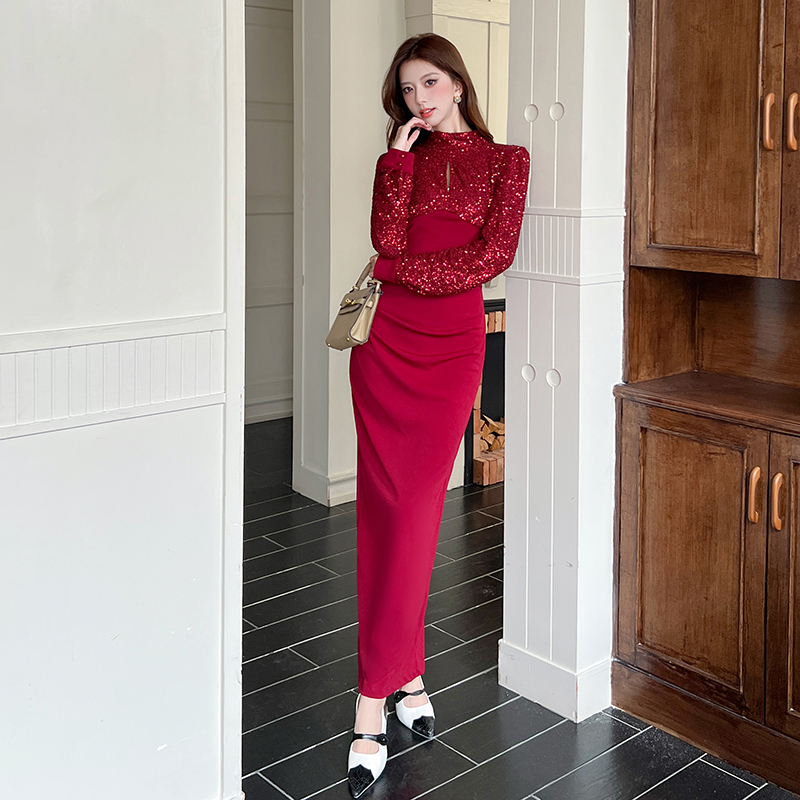 Splice package hip long dress autumn sequins dress