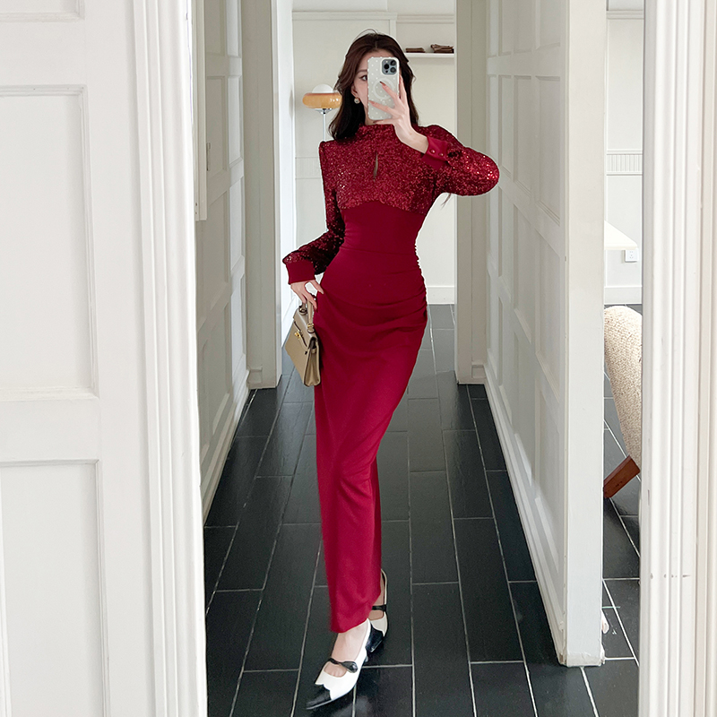 Splice package hip long dress autumn sequins dress