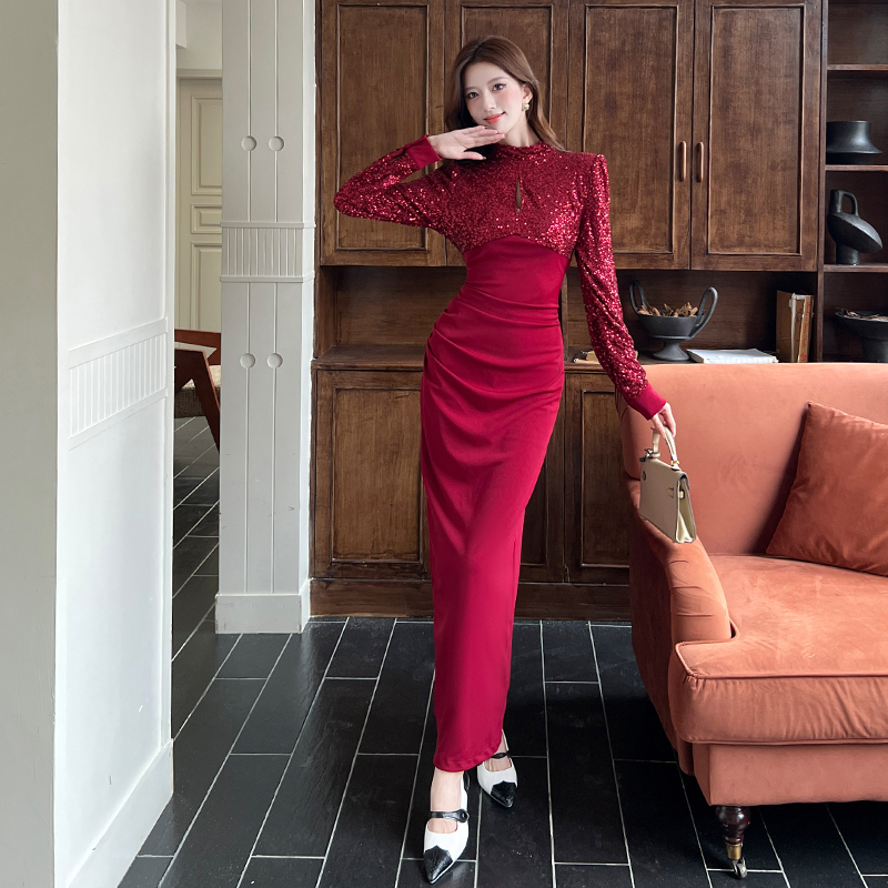 Splice package hip long dress autumn sequins dress