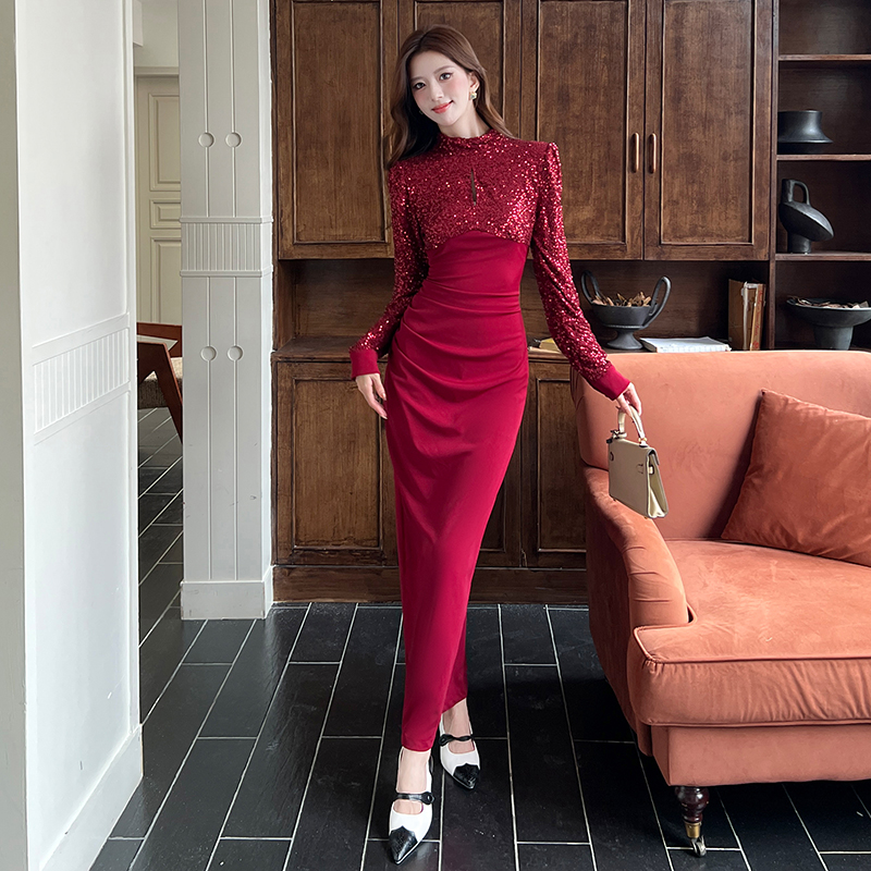 Splice package hip long dress autumn sequins dress