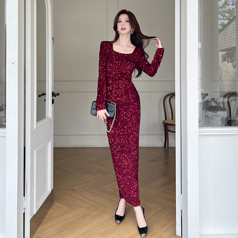 Package hip sequins dress fashion autumn long dress