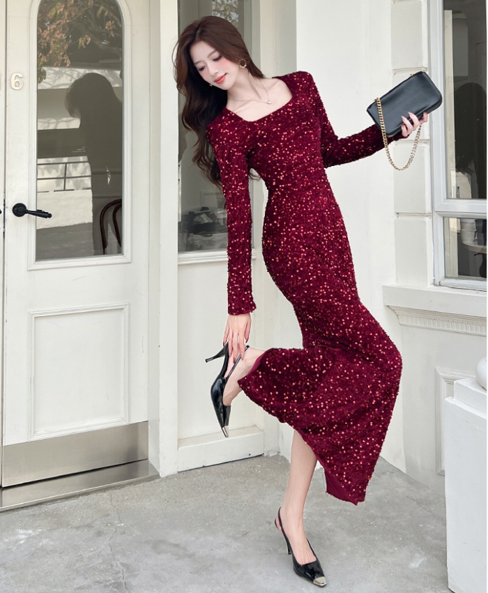Package hip sequins dress fashion autumn long dress