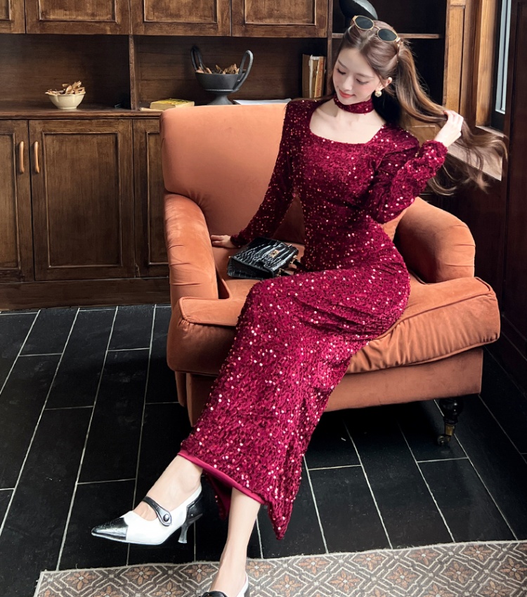 Package hip sequins dress fashion autumn long dress