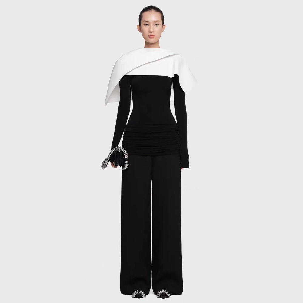 Black temperament tops slim long pants 2pcs set