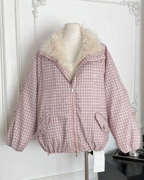 Fur collar pink loose coat short winter plaid cotton coat
