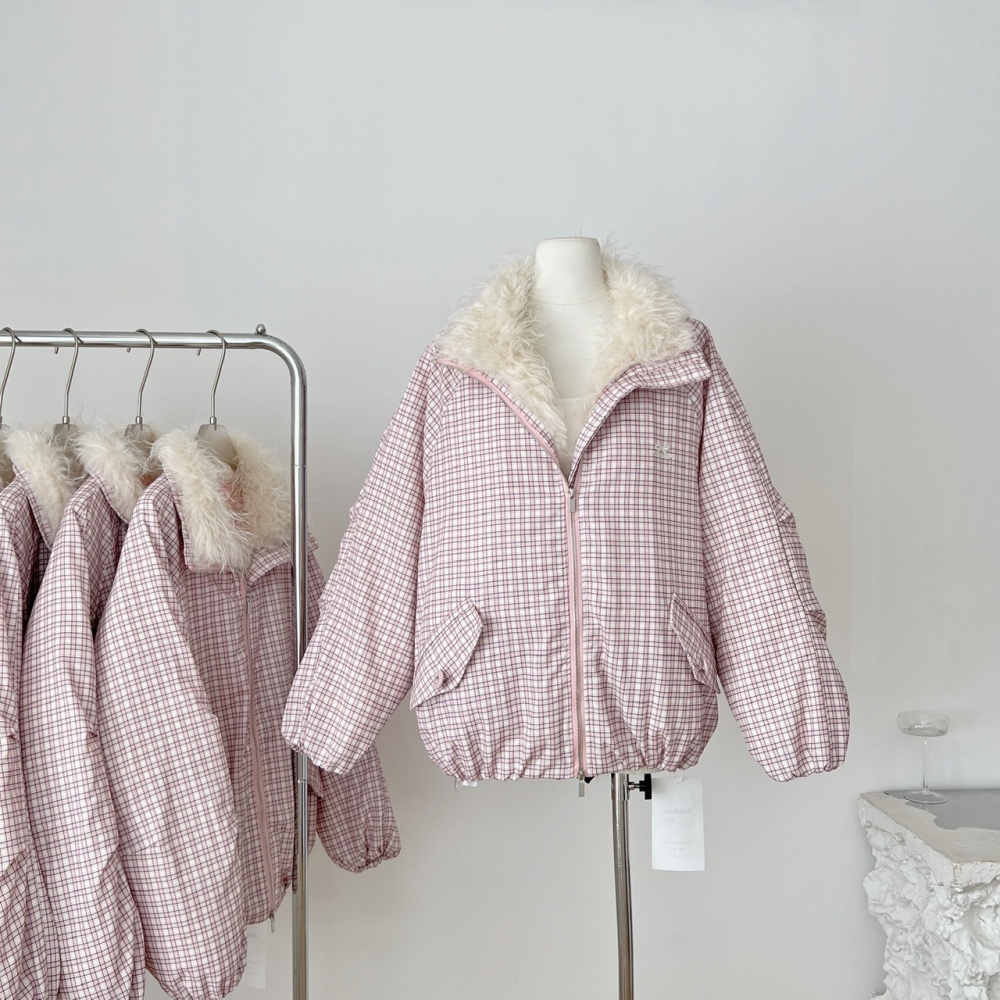 Fur collar pink loose coat short winter plaid cotton coat