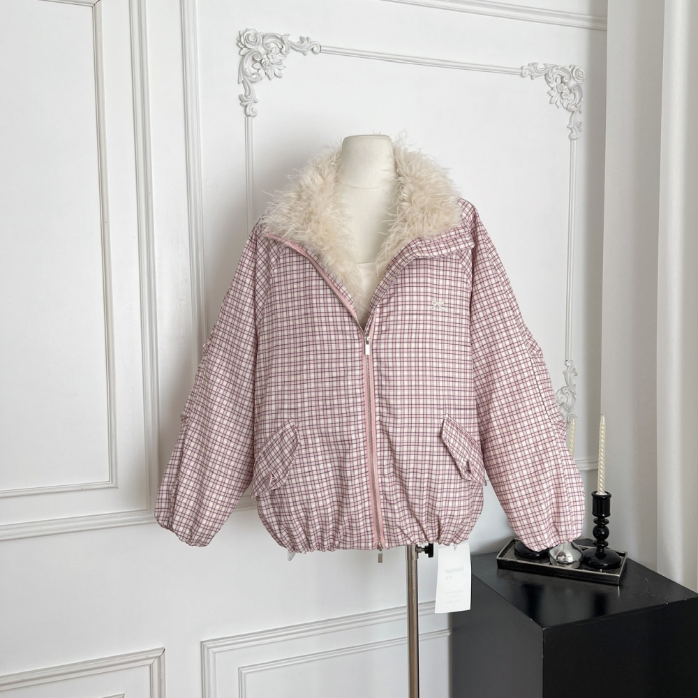 Fur collar pink loose coat short winter plaid cotton coat