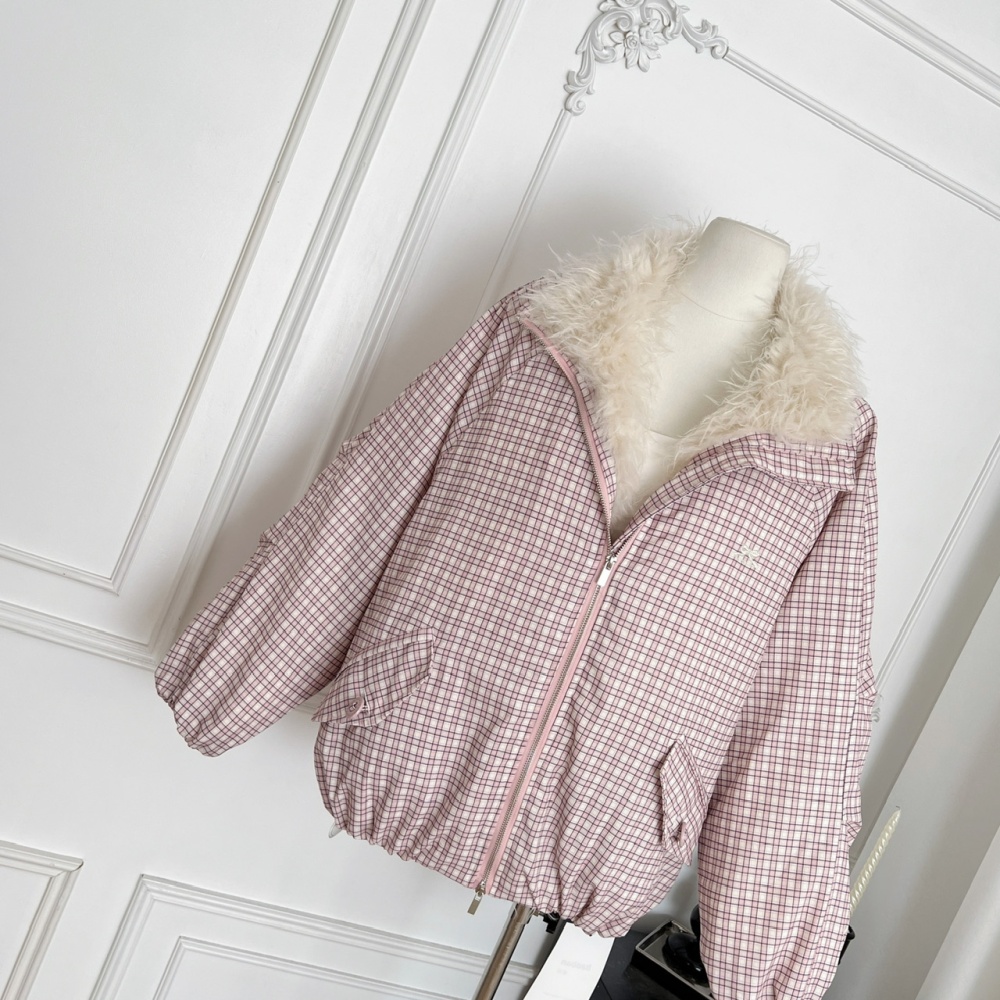 Fur collar pink loose coat short winter plaid cotton coat