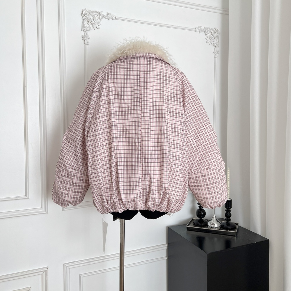 Fur collar pink loose coat short winter plaid cotton coat