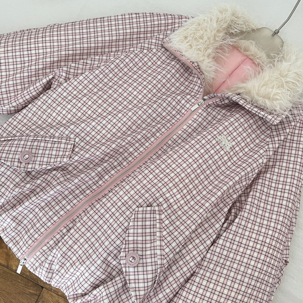 Fur collar pink loose coat short winter plaid cotton coat