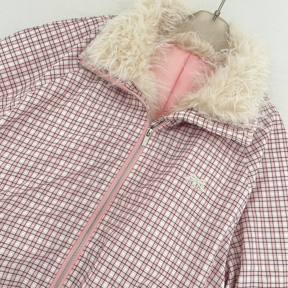 Fur collar pink loose coat short winter plaid cotton coat