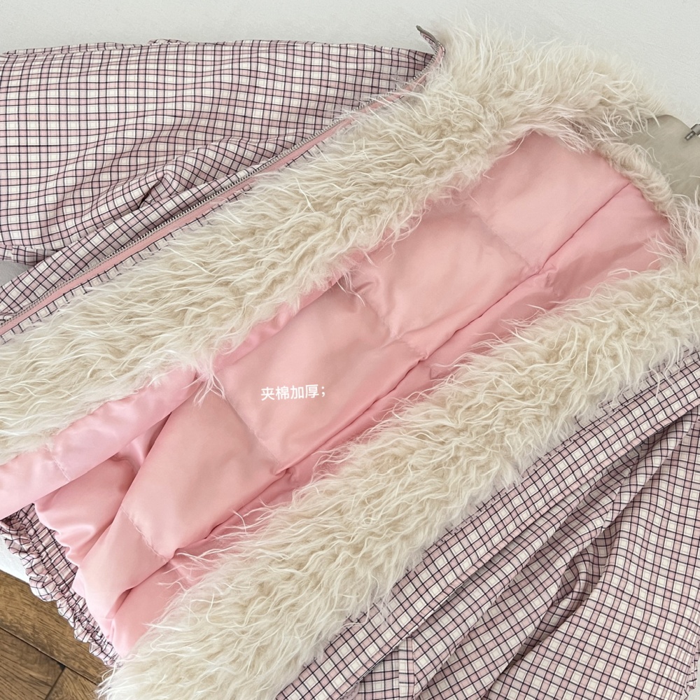 Fur collar pink loose coat short winter plaid cotton coat