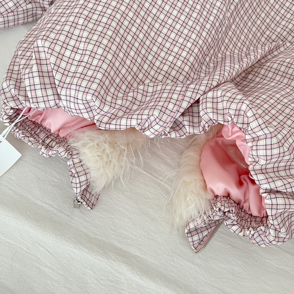 Fur collar pink loose coat short winter plaid cotton coat