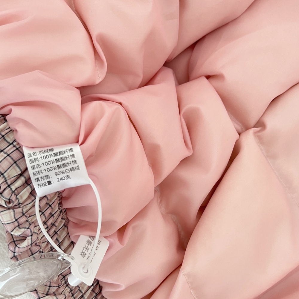 Fur collar pink loose coat short winter plaid cotton coat