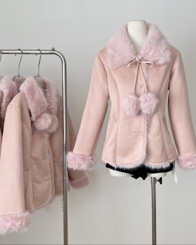 Thermal suede pinched waist faux fur elmo fox fur collar coat
