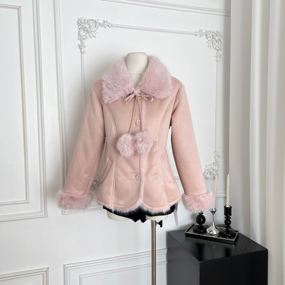 Thermal suede pinched waist faux fur elmo fox fur collar coat