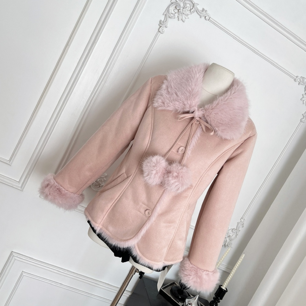 Thermal suede pinched waist faux fur elmo fox fur collar coat