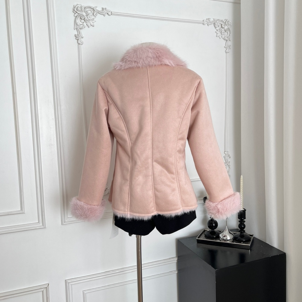 Thermal suede pinched waist faux fur elmo fox fur collar coat