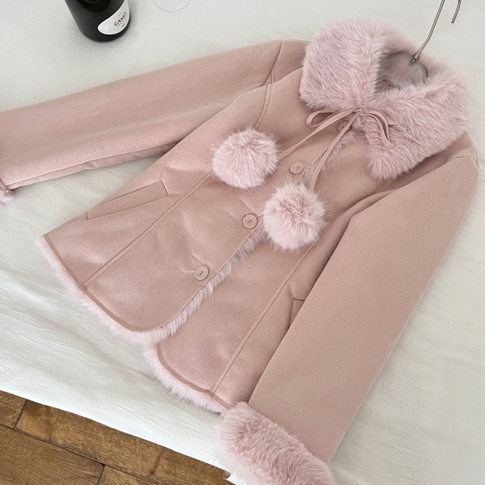 Thermal suede pinched waist faux fur elmo fox fur collar coat