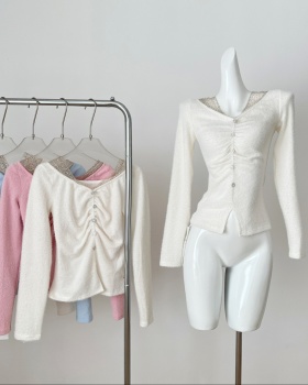 Gauze V-neck diamond knitted splice bottoming tops for women