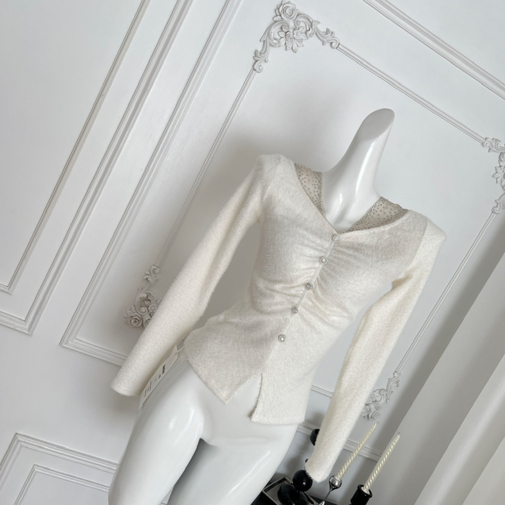 Gauze V-neck diamond knitted splice bottoming tops for women