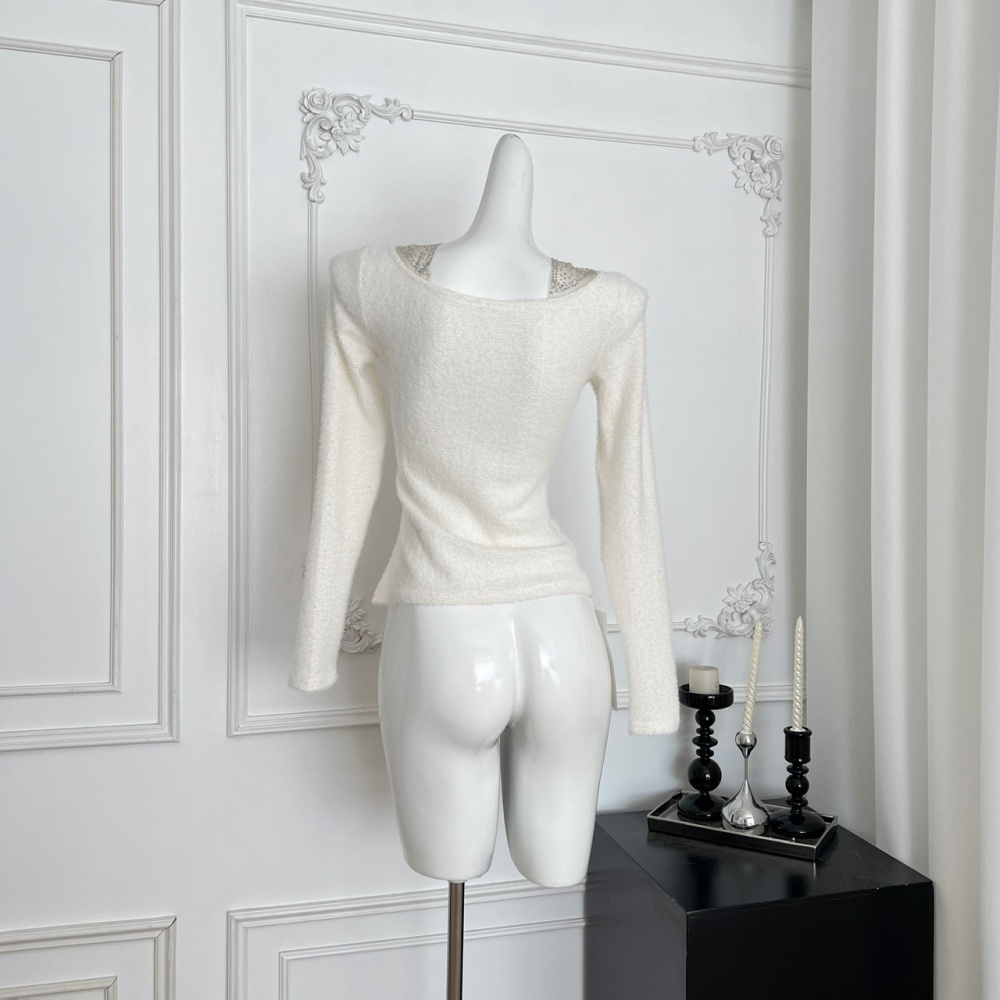 Gauze V-neck diamond knitted splice bottoming tops for women