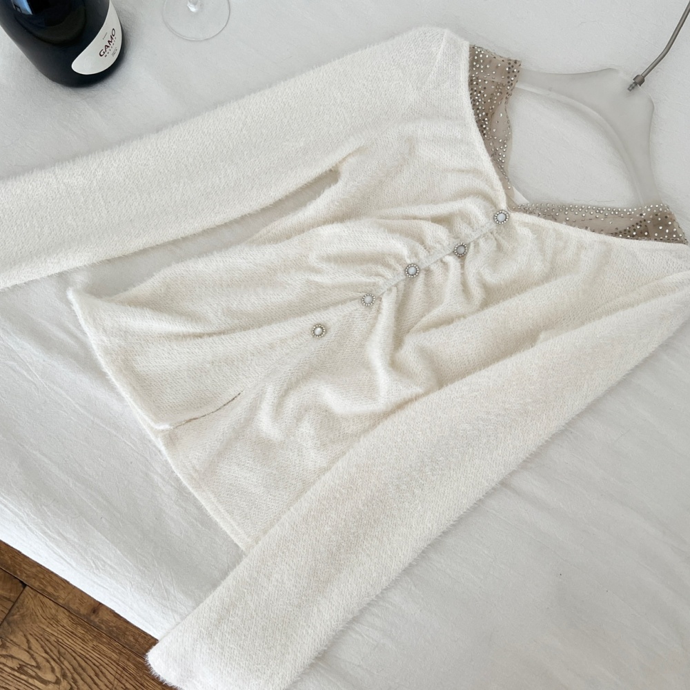 Gauze V-neck diamond knitted splice bottoming tops for women