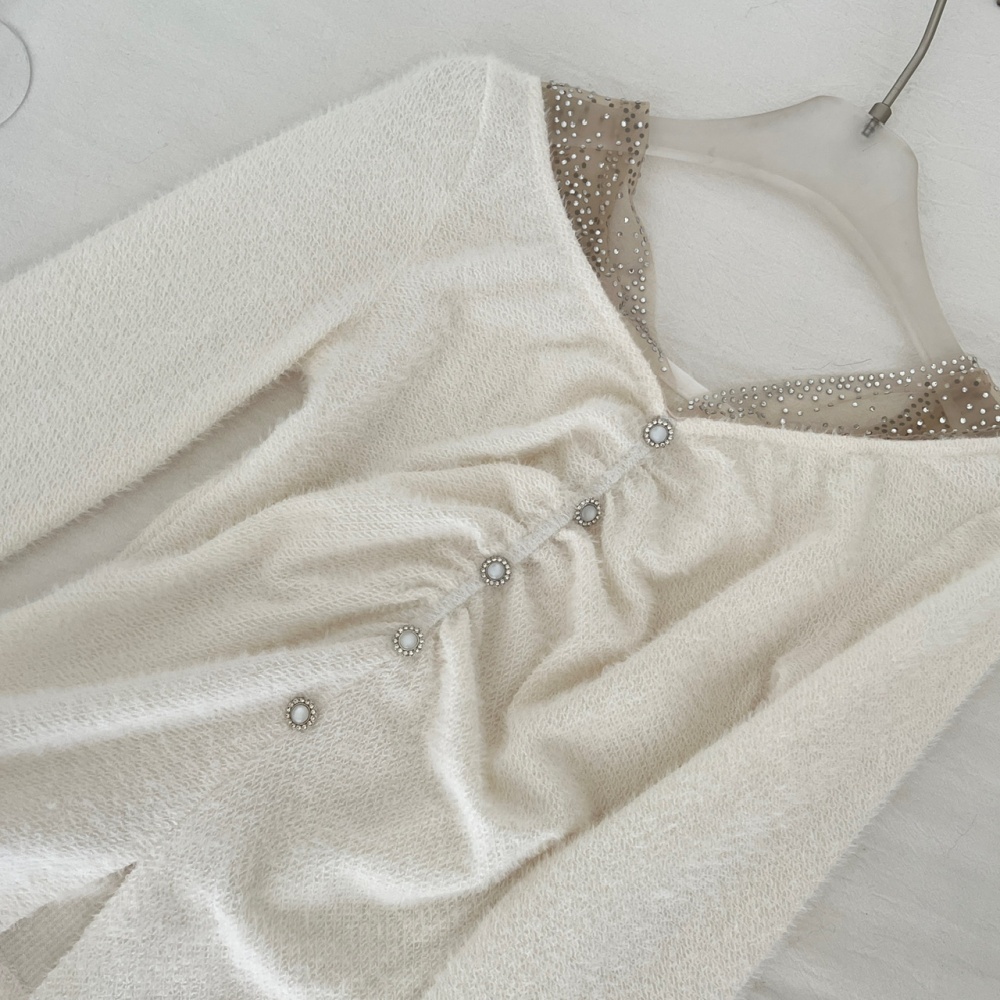 Gauze V-neck diamond knitted splice bottoming tops for women