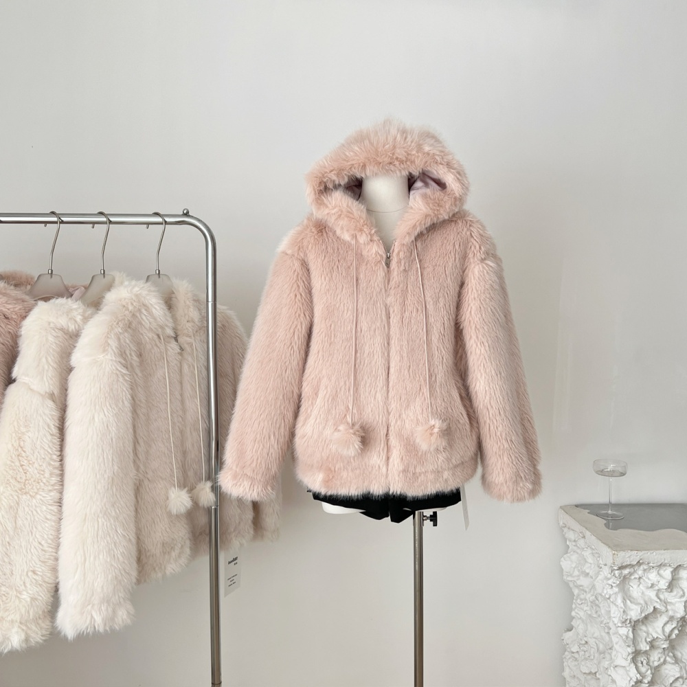 Small hairball clip cotton coat plush hooded fur coat