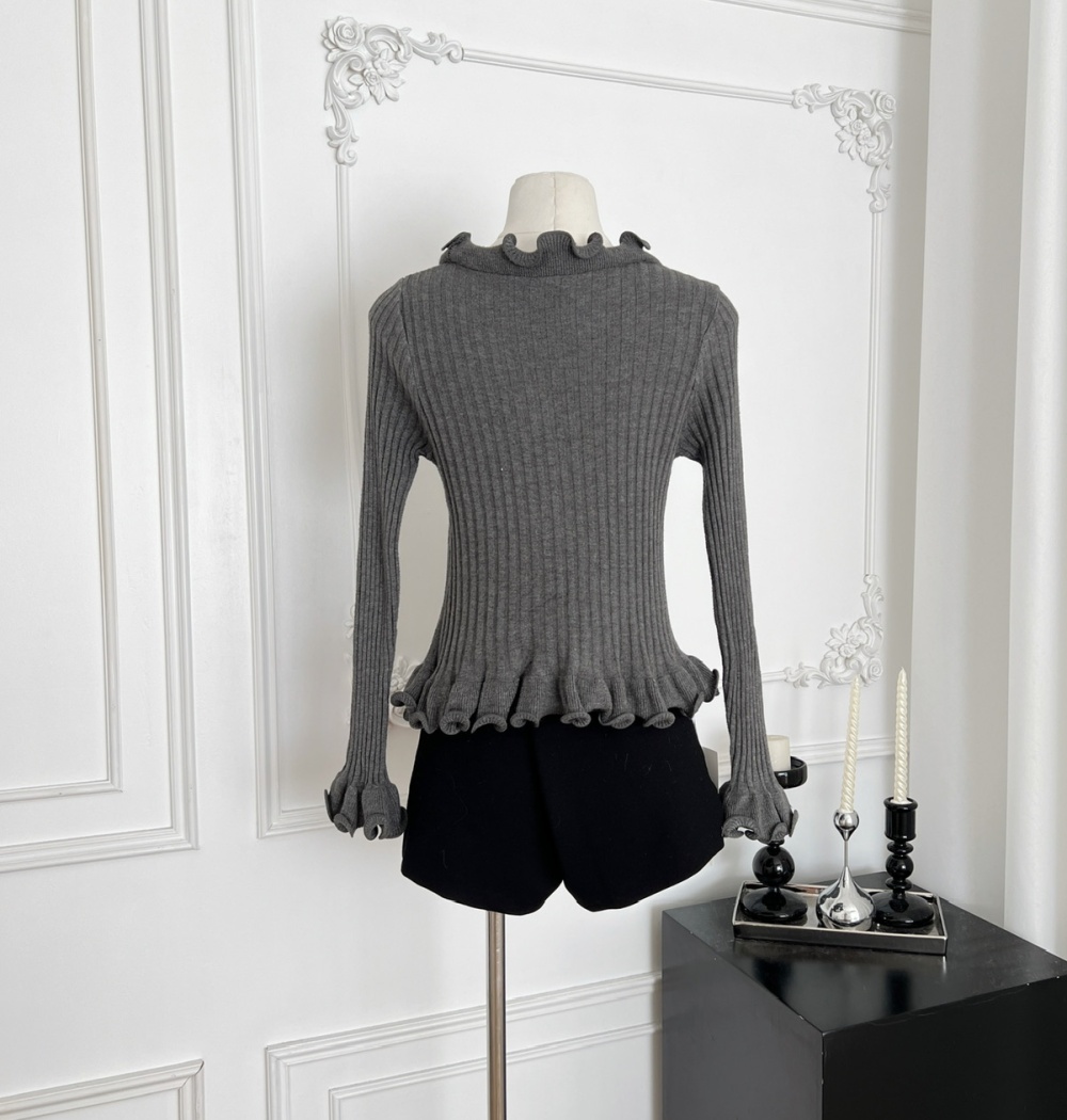 Beige slim sweater spring and autumn wood ear bottoming shirt