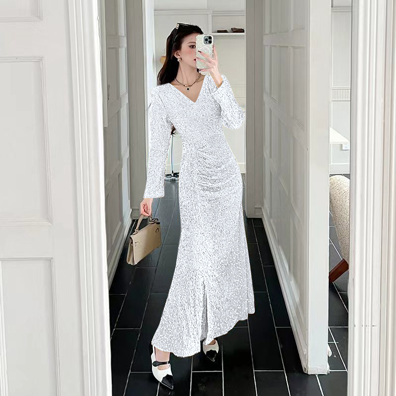Autumn V-neck dress fashion package hip long dress