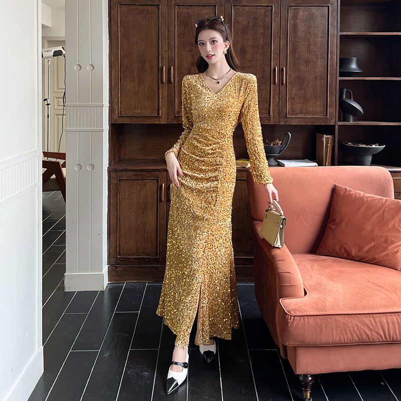 Autumn V-neck dress fashion package hip long dress