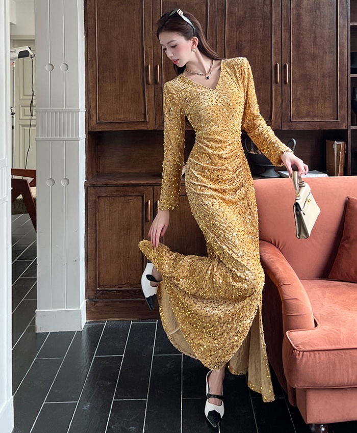 Autumn V-neck dress fashion package hip long dress