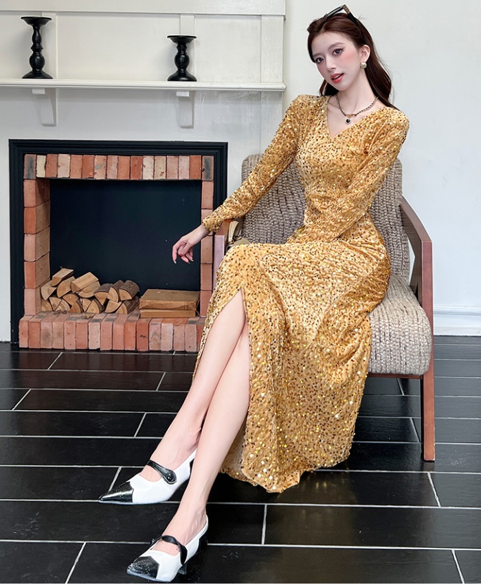 Autumn V-neck dress fashion package hip long dress