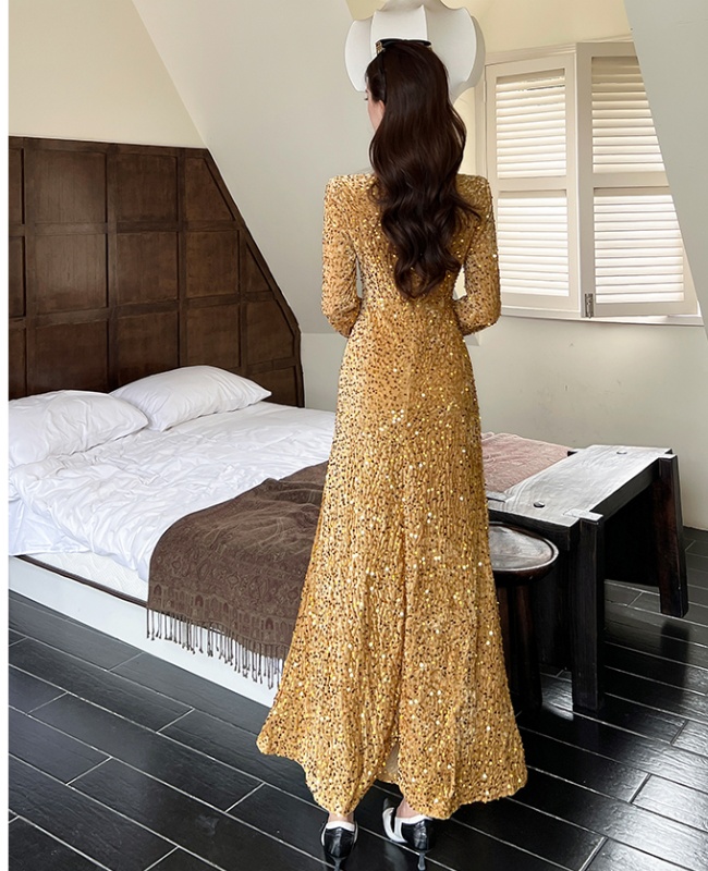 Autumn V-neck dress fashion package hip long dress