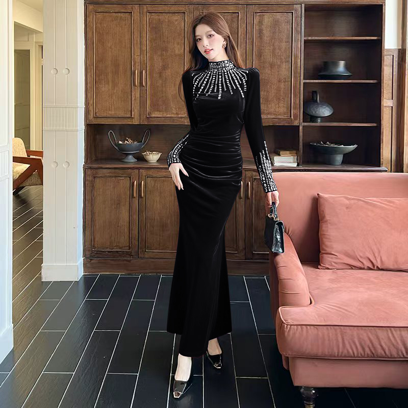 Autumn rhinestone dress fashion package hip long dress