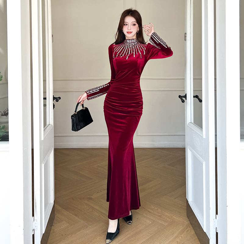 Autumn rhinestone dress fashion package hip long dress